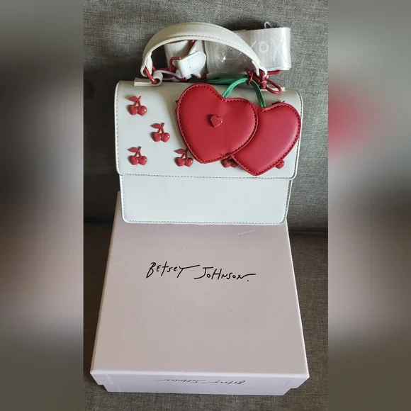 Betsey Johnson White Satchel with Red Heart Accents & Crossbody Strap - Picture 1 of 14